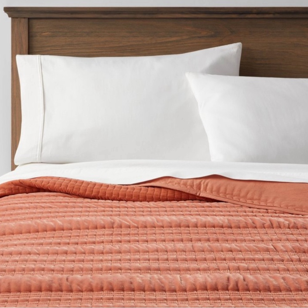 Full/Queen Terracotta Coral Lofty Velvet Quilt & Two Standard Shams - Threshold